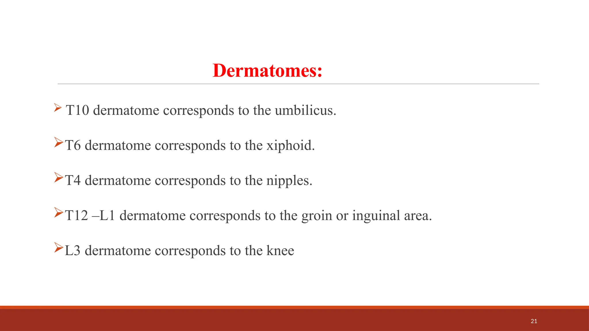 21
Dermatomes:
 T10 dermatome corresponds to the umbilicus.
T6 dermatome corresponds to the xiphoid.
T4 dermatome corresponds to the nipples.
T12 –L1 dermatome corresponds to the groin or inguinal area.
L3 dermatome corresponds to the knee
 