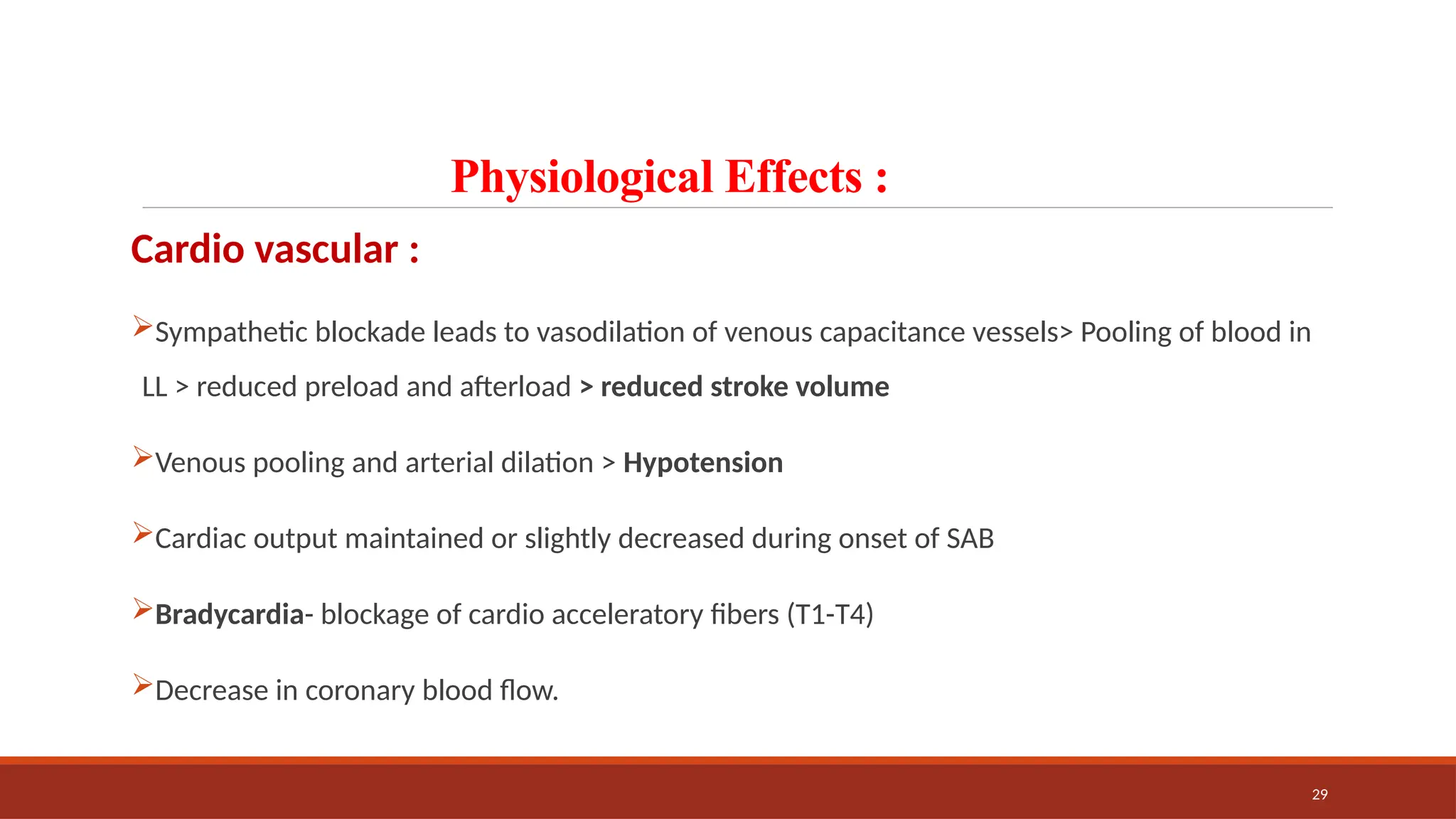 29
Physiological Effects :
Cardio vascular :
Sympathetic blockade leads to vasodilation of venous capacitance vessels> Pooling of blood in
LL > reduced preload and afterload > reduced stroke volume
Venous pooling and arterial dilation > Hypotension
Cardiac output maintained or slightly decreased during onset of SAB
Bradycardia- blockage of cardio acceleratory fibers (T1-T4)
Decrease in coronary blood flow.
 