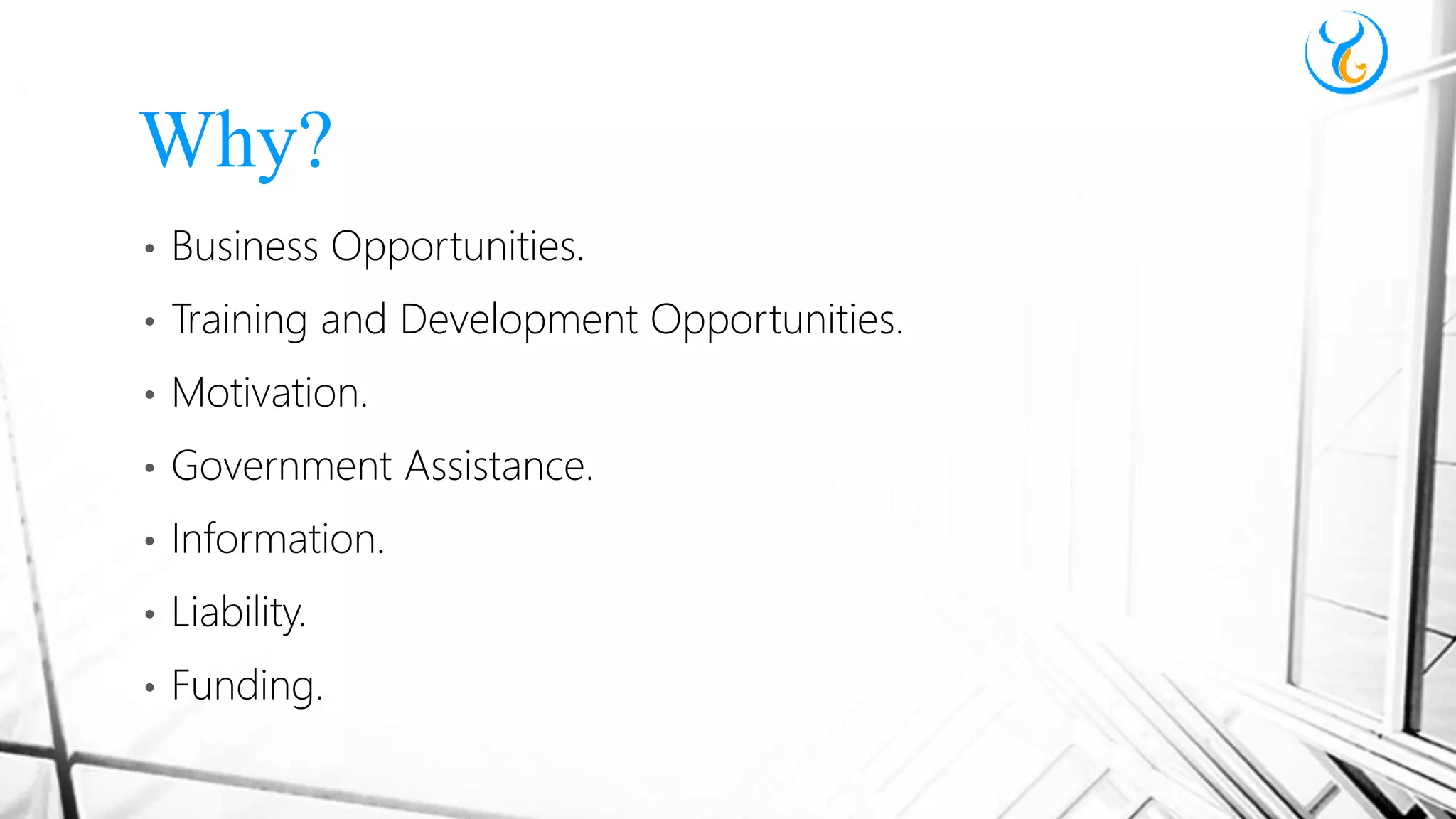 • Business Opportunities.
• Training and Development Opportunities.
• Motivation.
• Government Assistance.
• Information.
• Liability.
• Funding.
Why?
 