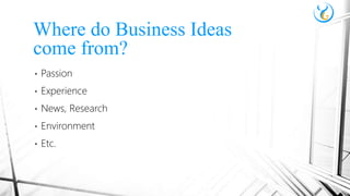 • Passion
• Experience
• News, Research
• Environment
• Etc.
Where do Business Ideas
come from?
 