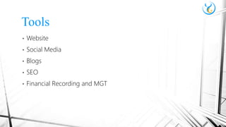 • Website
• Social Media
• Blogs
• SEO
• Financial Recording and MGT
Tools
 