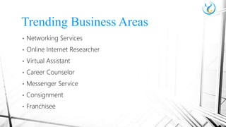 • Networking Services
• Online Internet Researcher
• Virtual Assistant
• Career Counselor
• Messenger Service
• Consignment
• Franchisee
Trending Business Areas
 