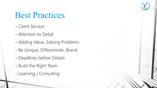 • Client Service
• Attention to Detail
• Adding Value, Solving Problems
• Be Unique, Differentiate, Brand
• Deadlines before Details
• Build the Right Team
• Learning / Consulting
Best Practices
 