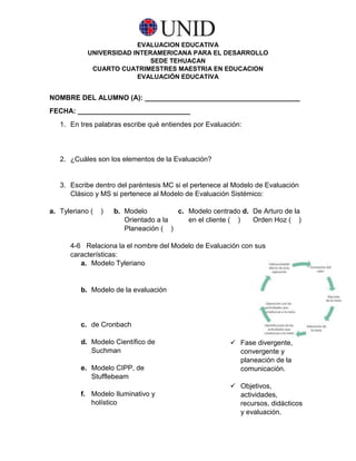 EVALUACION EDUCATIVA
UNIVERSIDAD INTERAMERICANA PARA EL DESARROLLO
SEDE TEHUACAN
CUARTO CUATRIMESTRES MAESTRIA EN EDUCACION
EVALUACIÓN EDUCATIVA

NOMBRE DEL ALUMNO (A): ________________________________________
FECHA: _____________________________
1. En tres palabras escribe qué entiendes por Evaluación:

2. ¿Cuáles son los elementos de la Evaluación?

3. Escribe dentro del paréntesis MC si el pertenece al Modelo de Evaluación
Clásico y MS si pertenece al Modelo de Evaluación Sistémico:
a. Tyleriano (

)

b. Modelo
c. Modelo centrado d. De Arturo de la
Orientado a la
en el cliente ( )
Orden Hoz ( )
Planeación ( )

4-6 Relaciona la el nombre del Modelo de Evaluación con sus
características:
a. Modelo Tyleriano

b. Modelo de la evaluación

c. de Cronbach
d. Modelo Científico de
Suchman
e. Modelo CIPP, de
Stufflebeam
f. Modelo Iluminativo y
holístico

 Fase divergente,
convergente y
planeación de la
comunicación.
 Objetivos,
actividades,
recursos, didácticos
y evaluación.

 