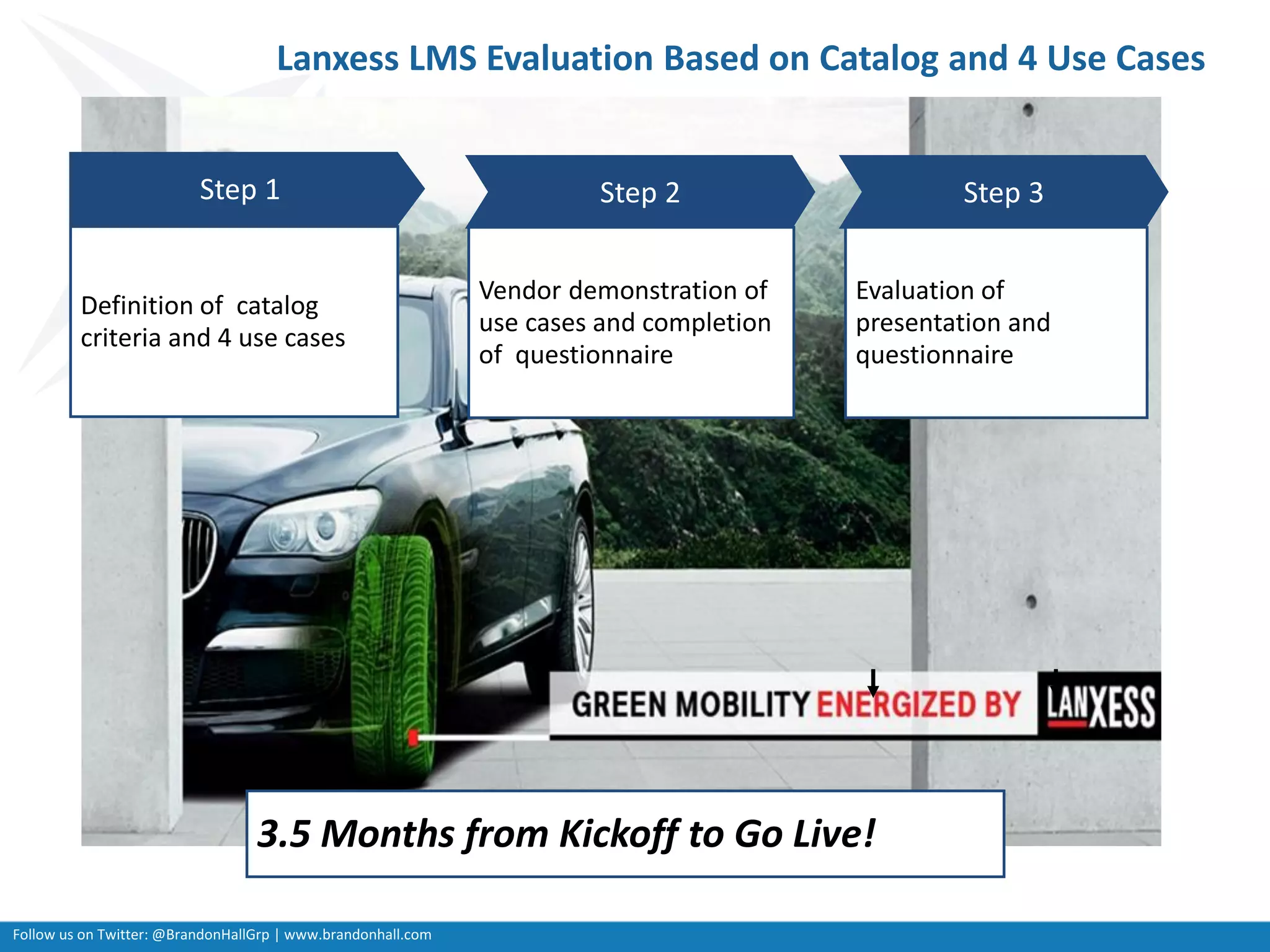Follow us on Twitter: @BrandonHallGrp | www.brandonhall.com
Lanxess LMS Evaluation Based on Catalog and 4 Use Cases
Step 1 Step 2
Definition of catalog
criteria and 4 use cases
Vendor demonstration of
use cases and completion
of questionnaire
Step 3
Evaluation of
presentation and
questionnaire
3.5 Months from Kickoff to Go Live!
 