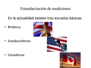 Estandarización de mediciones
En la actualidad existen tres escuelas básicas:
• Británica
• Estadounidense
• Canadiense
 