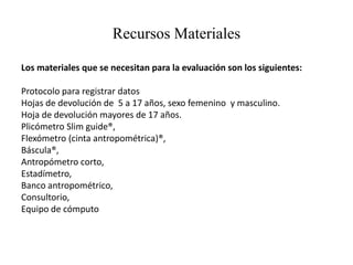 Recursos Materiales
Los materiales que se necesitan para la evaluación son los siguientes:
Protocolo para registrar datos
Hojas de devolución de 5 a 17 años, sexo femenino y masculino.
Hoja de devolución mayores de 17 años.
Plicómetro Slim guide®,
Flexómetro (cinta antropométrica)®,
Báscula®,
Antropómetro corto,
Estadímetro,
Banco antropométrico,
Consultorio,
Equipo de cómputo
 