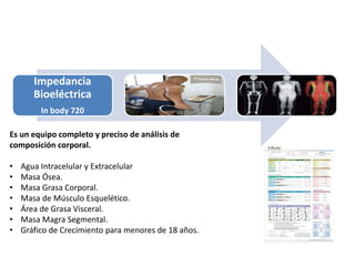 Impedancia
Bioeléctrica
In body 720
Es un equipo completo y preciso de análisis de
composición corporal.
• Agua Intracelular y Extracelular
• Masa Ósea.
• Masa Grasa Corporal.
• Masa de Músculo Esquelético.
• Área de Grasa Visceral.
• Masa Magra Segmental.
• Gráfico de Crecimiento para menores de 18 años.
 