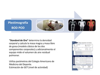 Plestimografía
BOD POD
“Standard de Oro” determina la densidad
corporal y calcula la masa magra y masa libre
de grasa (modelo clásico de los dos
componentes corporales) y adicionalmente el
equipo mide el volumen de aire residual
pulmonar.
Utiliza parámetros del Colegio Americano de
Medicina del Deporte.
Estimación de GET (nivel de actividad)
 