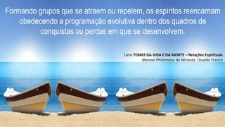 Formando grupos que se atraem ou repelem, os espíritos reencarnam
obedecendo a programação evolutiva dentro dos quadros de
conquistas ou perdas em que se desenvolvem.
Livro TEMAS DA VIDA E DA MORTE – Relações Espirituais
Manoel Philomeno de Miranda Divaldo Franco
 