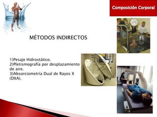 MÉTODOS INDIRECTOS

1)Pesaje Hidrostático.
2)Pletismografía por desplazamiento
de aire.
3)Absorciometría Dual de Rayos X
(DXA).

 