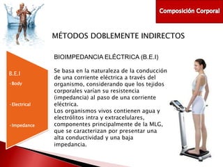 MÉTODOS DOBLEMENTE INDIRECTOS
BIOIMPEDANCIA ELÉCTRICA (B.E.I)
B.E.I
•Body

•Electrical

•Impedance

Se basa en la naturaleza de la conducción
de una corriente eléctrica a través del
organismo, considerando que los tejidos
corporales varían su resistencia
(impedancia) al paso de una corriente
eléctrica.
Los organismos vivos contienen agua y
electrólitos intra y extracelulares,
componentes principalmente de la MLG,
que se caracterizan por presentar una
alta conductividad y una baja
impedancia.

 
