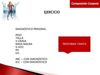 EJERCICIO

DIAGNÓSTICO PERSONAL.
PESO
TALLA
% GRASA
MASA MAGRA
% H2O
PH
GV.
IMC = CON DIAGNÓSTICO
ICC = CON DIAGNÓSTICO

PROFORMA TANITA

 