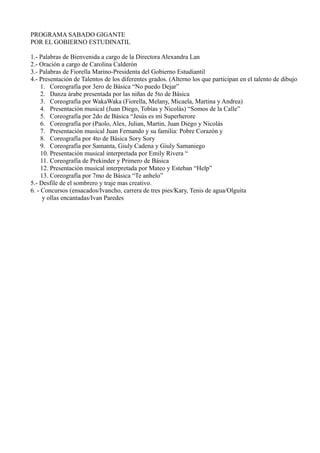 PROGRAMA SABADO GIGANTE
POR EL GOBIERNO ESTUDINATIL
1.- Palabras de Bienvenida a cargo de la Directora Alexandra Lan
2.- Oración a cargo de Carolina Calderón
3.- Palabras de Fiorella Marino-Presidenta del Gobierno Estudiantil
4.- Presentación de Talentos de los diferentes grados. (Alterno los que participan en el talento de dibujo
1. Coreografía por 3ero de Básica “No puedo Dejar”
2. Danza árabe presentada por las niñas de 5to de Básica
3. Coreografía por WakaWaka (Fiorella, Melany, Micaela, Martina y Andrea)
4. Presentación musical (Juan Diego, Tobías y Nicolás) “Somos de la Calle”
5. Coreografía por 2do de Básica “Jesús es mi Superherore
6. Coreografía por (Paolo, Alex, Julian, Martin, Juan Diego y Nicolás
7. Presentación musical Juan Fernando y su familia: Pobre Corazón y
8. Coreografía por 4to de Básica Sory Sory
9. Coreografía por Samanta, Giuly Cadena y Giuly Samaniego
10. Presentación musical interpretada por Emily Rivera “
11. Coreografía de Prekinder y Primero de Básica
12. Presentación musical interpretada por Mateo y Esteban “Help”
13. Coreografía por 7mo de Básica “Te anhelo”
5.- Desfile de el sombrero y traje mas creativo.
6. - Concursos (ensacados/Ivancho, carrera de tres pies/Kary, Tenis de agua/Olguita
y ollas encantadas/Ivan Paredes
 