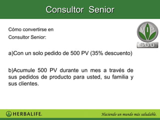 Consultor Senior

Cómo convertirse en
Consultor Senior:


a)Con un solo pedido de 500 PV (35% descuento)


b)Acumule 500 PV durante un mes a través de
sus pedidos de producto para usted, su familia y
sus clientes.
 