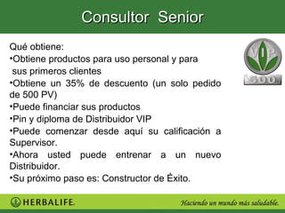 Consultor Senior
Qué obtiene:
•Obtiene productos para uso personal y para
 sus primeros clientes
•Obtiene un 35% de descuento (un solo pedido
de 500 PV)
•Puede financiar sus productos
•Pin y diploma de Distribuidor VIP
•Puede comenzar desde aquí su calificación a
Supervisor.
•Ahora usted puede entrenar a un nuevo
Distribuidor.
•Su próximo paso es: Constructor de Éxito.
 