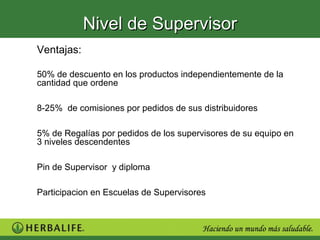 Nivel de Supervisor
Ventajas:

50% de descuento en los productos independientemente de la
cantidad que ordene

8-25% de comisiones por pedidos de sus distribuidores

5% de Regalías por pedidos de los supervisores de su equipo en
3 niveles descendentes

Pin de Supervisor y diploma

Participacion en Escuelas de Supervisores
 