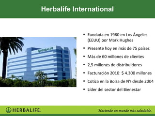 Herbalife International


             • Fundada en 1980 en Los Ángeles
               (EEUU) por Mark Hughes
             • Presente hoy en más de 75 países
             • Más de 60 millones de clientes
             • 2,5 millones de distribuidores
             • Facturación 2010: $ 4.300 millones
             • Cotiza en la Bolsa de NY desde 2004
             • Líder del sector del Bienestar
 