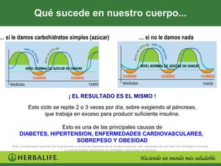 Qué sucede en nuestro cuerpo...

… si le damos carbohidratos simples (azúcar)                                                       … si no le damos nada




                                              ¡ EL RESULTADO ES EL MISMO !

                Este ciclo se repite 2 o 3 veces por día, sobre exigiendo al páncreas,
                       que trabaja en exceso para producir suficiente insulina.

                        Esto es una de las principales causas de
          DIABETES, HIPERTENSION, ENFERMEDADES CARDIOVASCULARES,
                              SOBREPESO Y OBESIDAD
     Nota: La explicación general, las ilustraciones y curvas de respuesta de la insulina al azúcar, son esquemas de una reacción fisiológica conocida.
                                              La ciencia exacta subyacente es compleja y varía según la persona.
 