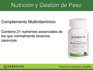 Nutrición y Gestión de Peso

Complemento Multivitamínico

Contiene 21 nutrientes escenciales de
los que normalmente tenemos
carencias.
 