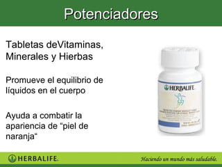 Potenciadores
Tabletas deVitaminas,
Minerales y Hierbas

Promueve el equilibrio de
líquidos en el cuerpo

Ayuda a combatir la
apariencia de “piel de
naranja“
 