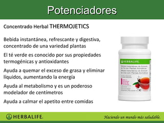 Potenciadores
Concentrado Herbal THERMOJETICS

Bebida instantánea, refrescante y digestiva,
concentrado de una variedad plantas
El té verde es conocido por sus propiedades
termogénicas y antioxidantes
Ayuda a quemar el exceso de grasa y eliminar
líquidos, aumentando la energía
Ayuda al metabolismo y es un poderoso
modelador de centímetros
Ayuda a calmar el apetito entre comidas
 
