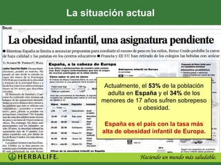 La situación actual




        Actualmente, el 53% de la población
         adulta en España y el 34% de los
       menores de 17 años sufren sobrepeso
                    u obesidad.

        España es el país con la tasa más
       alta de obesidad infantil de Europa.
 