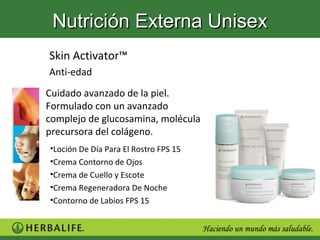 Nutrición Externa Unisex
Skin Activator™
Anti-edad
Cuidado avanzado de la piel.
Formulado con un avanzado
complejo de glucosamina, molécula
precursora del colágeno.
•Loción De Día Para El Rostro FPS 15
•Crema Contorno de Ojos
•Crema de Cuello y Escote
•Crema Regeneradora De Noche
•Contorno de Labios FPS 15
 