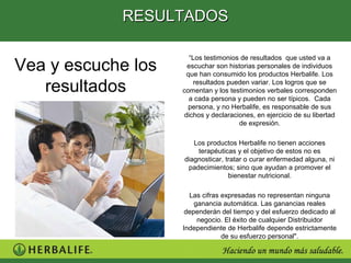 RESULTADOS

                      “Los testimonios de resultados que usted va a
Vea y escuche los    escuchar son historias personales de individuos
                     que han consumido los productos Herbalife. Los

   resultados           resultados pueden variar. Los logros que se
                    comentan y los testimonios verbales corresponden
                      a cada persona y pueden no ser típicos. Cada
                      persona, y no Herbalife, es responsable de sus
                    dichos y declaraciones, en ejercicio de su libertad
                                      de expresión.

                       Los productos Herbalife no tienen acciones
                        terapéuticas y el objetivo de estos no es
                    diagnosticar, tratar o curar enfermedad alguna, ni
                     padecimientos; sino que ayudan a promover el
                                   bienestar nutricional.

                      Las cifras expresadas no representan ninguna
                        ganancia automática. Las ganancias reales
                     dependerán del tiempo y del esfuerzo dedicado al
                         negocio. El éxito de cualquier Distribuidor
                    Independiente de Herbalife depende estrictamente
                                 de su esfuerzo personal".
 