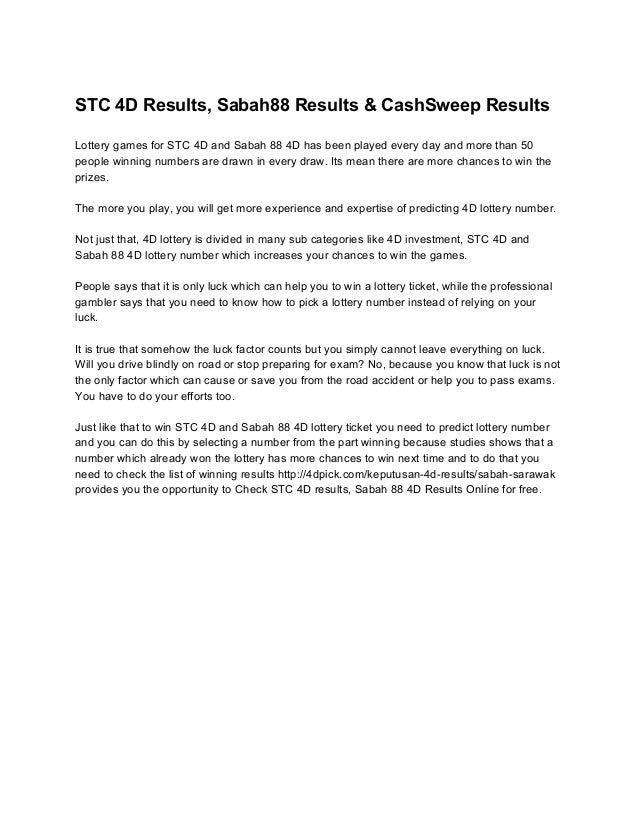 Sabah 88 Stc 4 D And Cashsweep 4d Results Keputusan 4d
