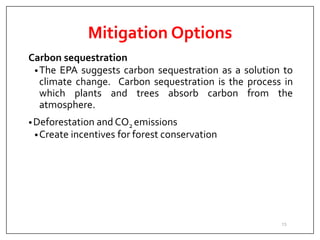 Mitigation Options
Carbon sequestration
•The EPA suggests carbon sequestration as a solution to
climate change. Carbon sequestration is the process in
which plants and trees absorb carbon from the
atmosphere.
•Deforestation and CO2 emissions
•Create incentives for forest conservation
13
 