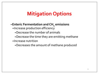 Mitigation Options
•Enteric Fermentation and CH4 emissions
•Increase production efficiency
•Decrease the number of animals
•Decrease the time they are emitting methane
•Increase nutrition
•Decreases the amount of methane produced
14
 