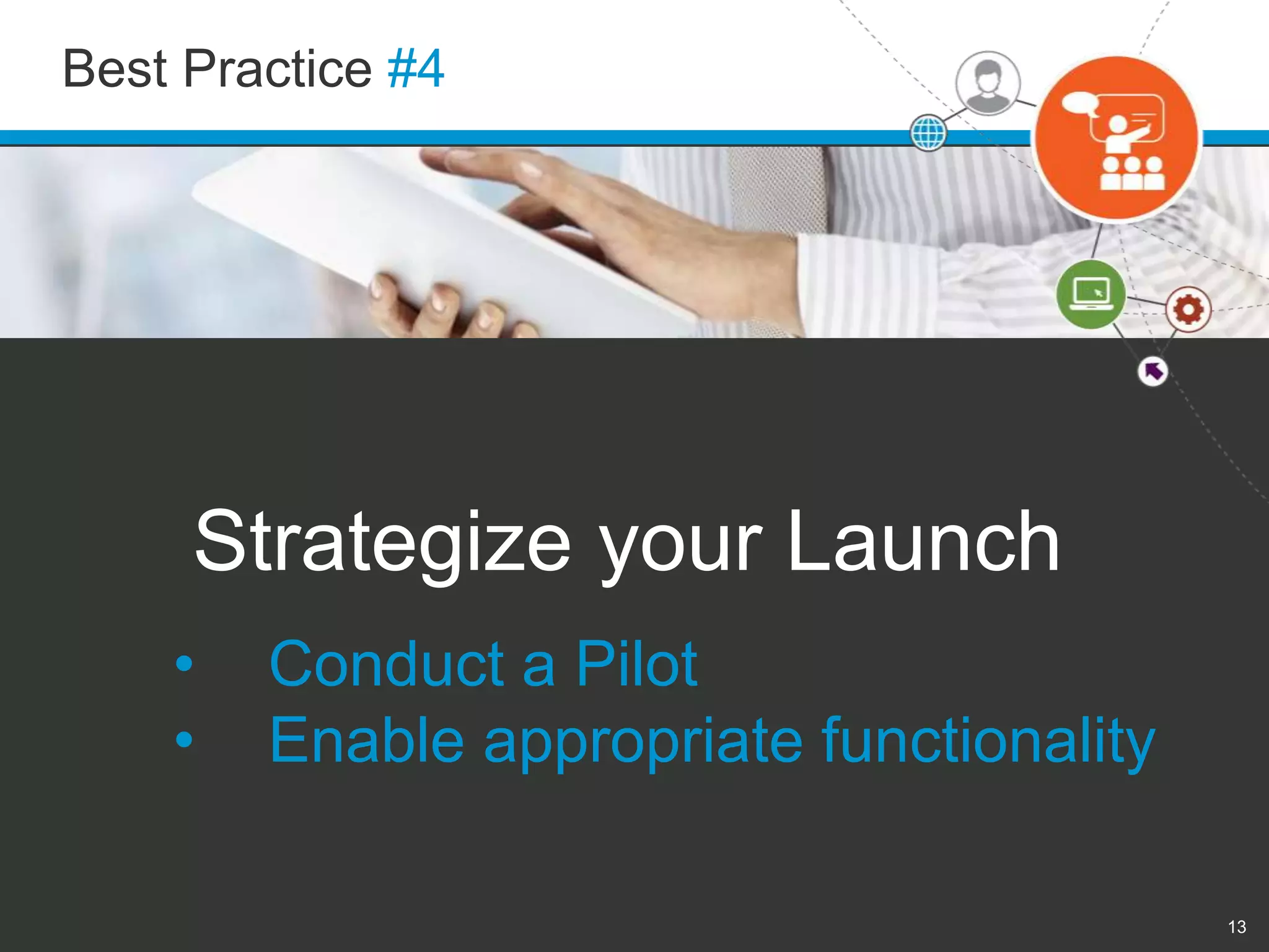 Best Practice #4 
13 
Strategize your Launch 
• Conduct a Pilot 
• Enable appropriate functionality 
 