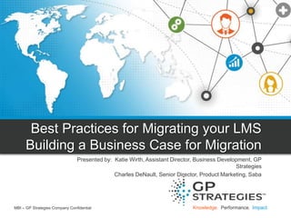 Best Practices for Migrating your LMS 
Building a Business Case for Migration 
Presented by: Katie Wirth, Assistant Director, Business Development, GP 
Strategies 
Charles DeNault, Senior Director, Product Marketing, Saba 
MBI – GP Strategies Company Confidential Knowledge. Performance. Impact. 
 