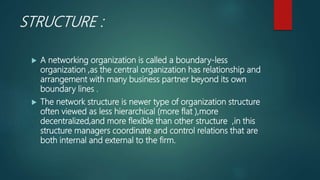 STRUCTURE :
 A networking organization is called a boundary-less
organization ,as the central organization has relationship and
arrangement with many business partner beyond its own
boundary lines .
 The network structure is newer type of organization structure
often viewed as less hierarchical (more flat ),more
decentralized,and more flexible than other structure ,in this
structure managers coordinate and control relations that are
both internal and external to the firm.
 
