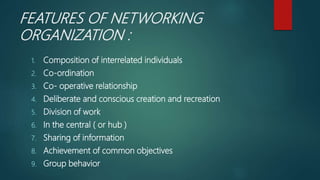 FEATURES OF NETWORKING
ORGANIZATION :
1. Composition of interrelated individuals
2. Co-ordination
3. Co- operative relationship
4. Deliberate and conscious creation and recreation
5. Division of work
6. In the central ( or hub )
7. Sharing of information
8. Achievement of common objectives
9. Group behavior
 