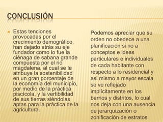ConclusiónEstas tenciones provocadas por el crecimiento demográfico, han dejado atrás su eje fundador como lo fue la ciénaga de sabana grande compuesta por el rio magdalena, al cual se le atribuye la sostenibilidad en un gran porcentaje de la economía del municipio, por medio de la práctica piscícola, y la vertibilidad de sus tierras siéndolas aptas para la práctica de la agricultura.    Podemos apreciar que su orden no obedece a una planificación si no a conceptos e ideas particulares e individuales  de cada habitante con respecto a lo residencial y asi mismo a mayor escala se ve reflejado implícitamente en los barrios y distritos, lo cual nos deja con una ausencia de jerarquización o zonificación de estratos