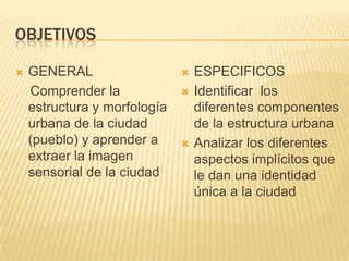 OBJETIVOSGENERAL    Comprender la estructura y morfología urbana de la ciudad (pueblo) y aprender a extraer la imagen sensorial de la ciudadESPECIFICOSIdentificar  los diferentes componentes de la estructura urbanaAnalizar los diferentes aspectos implícitos que le dan una identidad única a la ciudad