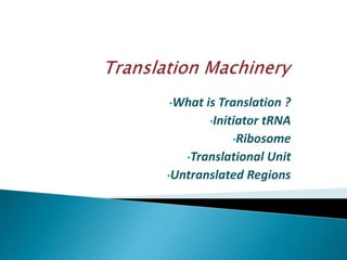 •What is Translation ?
•Initiator tRNA
•Ribosome
•Translational Unit
•Untranslated Regions
 