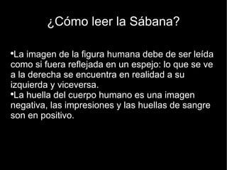 ¿Cómo leer la Sábana? La imagen de la figura humana debe de ser leída como si fuera reflejada en un espejo: lo que se ve a la derecha se encuentra en realidad a su izquierda y viceversa.  La huella del cuerpo humano es una imagen negativa, las impresiones y las huellas de sangre son en positivo. 