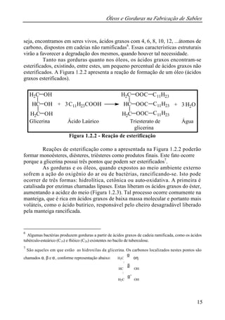Óleos e Gorduras na Fabricação de Sabões
15
seja, encontramos em seres vivos, ácidos graxos com 4, 6, 8, 10, 12, ...átomos de
carbono, dispostos em cadeias não ramificadas6
. Essas características estruturais
virão a favorecer a degradação dos mesmos, quando houver tal necessidade.
Tanto nas gorduras quanto nos óleos, os ácidos graxos encontram-se
esterificados, existindo, entre estes, um pequeno percentual de ácidos graxos não
esterificados. A Figura 1.2.2 apresenta a reação de formação de um óleo (ácidos
graxos esterificados).
Figura 1.2.2 - Reação de esterificação
Reações de esterificação como a apresentada na Figura 1.2.2 poderão
formar monoésteres, diésteres, triésteres como produtos finais. Este fato ocorre
porque a glicerina possui três pontos que podem ser esterificados7
.
As gorduras e os óleos, quando expostos ao meio ambiente externo
sofrem a ação do oxigênio do ar ou de bactérias, rancificando-se. Isto pode
ocorrer de três formas: hidrolítica, cetônica ou auto-oxidativa. A primeira é
catalisada por enzimas chamadas lipases. Estas liberam os ácidos graxos do éster,
aumentando a acidez do meio (Figura 1.2.3). Tal processo ocorre comumente na
manteiga, que é rica em ácidos graxos de baixa massa molecular e portanto mais
voláteis, como o ácido butírico, responsável pelo cheiro desagradável liberado
pela manteiga rancificada.
6
Algumas bactérias produzem gorduras a partir de ácidos graxos de cadeia ramificada, como os ácidos
tubérculo-esteárico (C19) e ftióico (C26) existentes no bacilo de tuberculose.
7
São aqueles em que estão as hidroxilas da glicerina. Os carbonos localizados nestes pontos são
chamados α, β e α,
, conforme representação abaixo: H2C
α
οη
|
HC
β
OH
|
H2C
α’
OH
C11H23COOH
H2C
HC OH
OH
H2C OH
H2C
HC
H2C
OOC
OOC
OOC
C11H23
C11H23
C11H23
+ 3 + 3 H2O
Glicerina Ácido Laúrico Triesterato de Água
glicerina
 