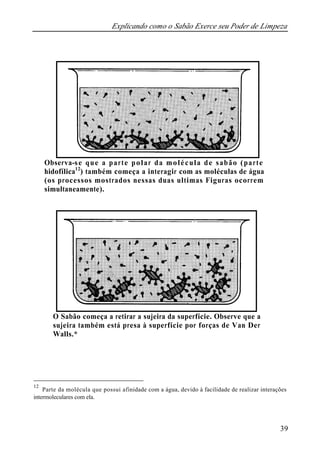 Explicando como o Sabão Exerce seu Poder de Limpeza
39
Observa-se que a parte polar da molécula de sabão (parte
hidofílica12
) também começa a interagir com as moléculas de água
(os processos mostrados nessas duas ultimas Figuras ocorrem
simultaneamente).
O Sabão começa a retirar a sujeira da superfície. Observe que a
sujeira também está presa à superfície por forças de Van Der
Walls.*
12
Parte da molécula que possui afinidade com a água, devido à facilidade de realizar interações
intermoleculares com ela.
 