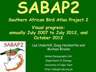 SABAP2
Southern African Bird Atlas Project 2
           Visual progress:
annually July 2007 to July 2012, and
            October 2012
           Les Underhill, Doug Harebottle and
                    Michael Brooks

                   Animal Demography Unit
                   Department of Zoology
                   University of Cape Town
                   http://sabap2.adu.org.za
 