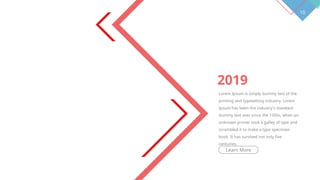 10
Lorem Ipsum is simply dummy text of the
printing and typesetting industry. Lorem
Ipsum has been the industry's standard
dummy text ever since the 1500s, when an
unknown printer took a galley of type and
scrambled it to make a type specimen
book. It has survived not only five
centuries.
2019
Learn More
 