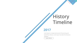 8
History
Timeline
2017
Lorem Ipsum is simply dummy text of the printing and
typesetting industry. Lorem Ipsum has been the industry's
standard.
Learn More
 