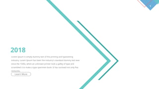 9
Lorem Ipsum is simply dummy text of the printing and typesetting
industry. Lorem Ipsum has been the industry's standard dummy text ever
since the 1500s, when an unknown printer took a galley of type and
scrambled it to make a type specimen book. It has survived not only five
centuries.
2018
Learn More
 