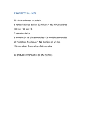 PRODUCTOS AL MES
90 minutos demora un maletín
8 horas de trabajo diario x 60 minutos = 480 minutos diarios
480 min / 90 min = 5
5 morrales diarios
5 morrales D. x 6 días semanales = 30 morrales semanales
30 morrales x 4 semanas = 120 morrales en un mes
120 morrales x 2 operarios = 240 morrales
La producción mensual es de 240 morrales
 