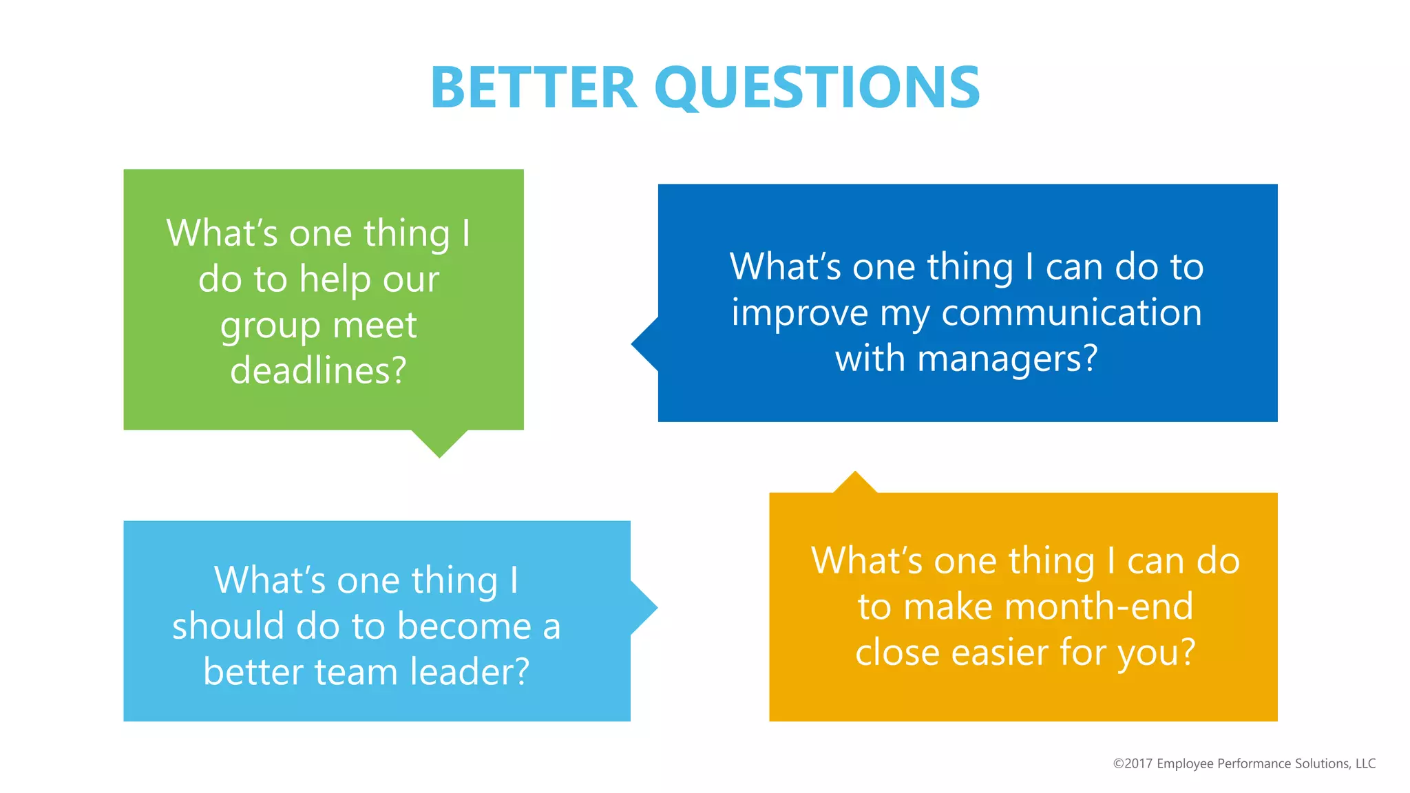 BETTER QUESTIONS
What’s one thing I
do to help our
group meet
deadlines?
What’s one thing I can do to
improve my communication
with managers?
What’s one thing I
should do to become a
better team leader?
What’s one thing I can do
to make month-end
close easier for you?
©2017 Employee Performance Solutions, LLC
 
