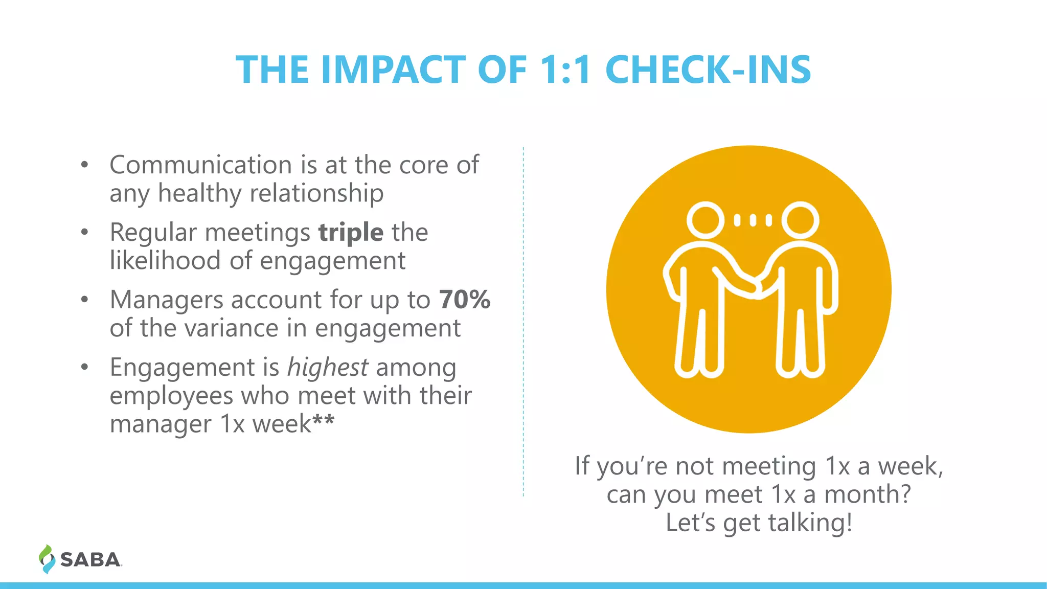 THE IMPACT OF 1:1 CHECK-INS
• Communication is at the core of
any healthy relationship
• Regular meetings triple the
likelihood of engagement
• Managers account for up to 70%
of the variance in engagement
• Engagement is highest among
employees who meet with their
manager 1x week**
If you’re not meeting 1x a week,
can you meet 1x a month?
Let’s get talking!
 