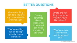 BETTER QUESTIONS
What’s one thing I
can do to improve
my communication
with managers?
I‘m only
here three
days a
week, what
is one way I
can make
the most of
this time?
What’s one thing I
can do to help
with the team’s
workload?
What’s one way
thing I can show
you that you’d
like to learn?
What’s one way
I can improve
my interpersonal
skills?
©2017 Employee Performance Solutions, LLC
 